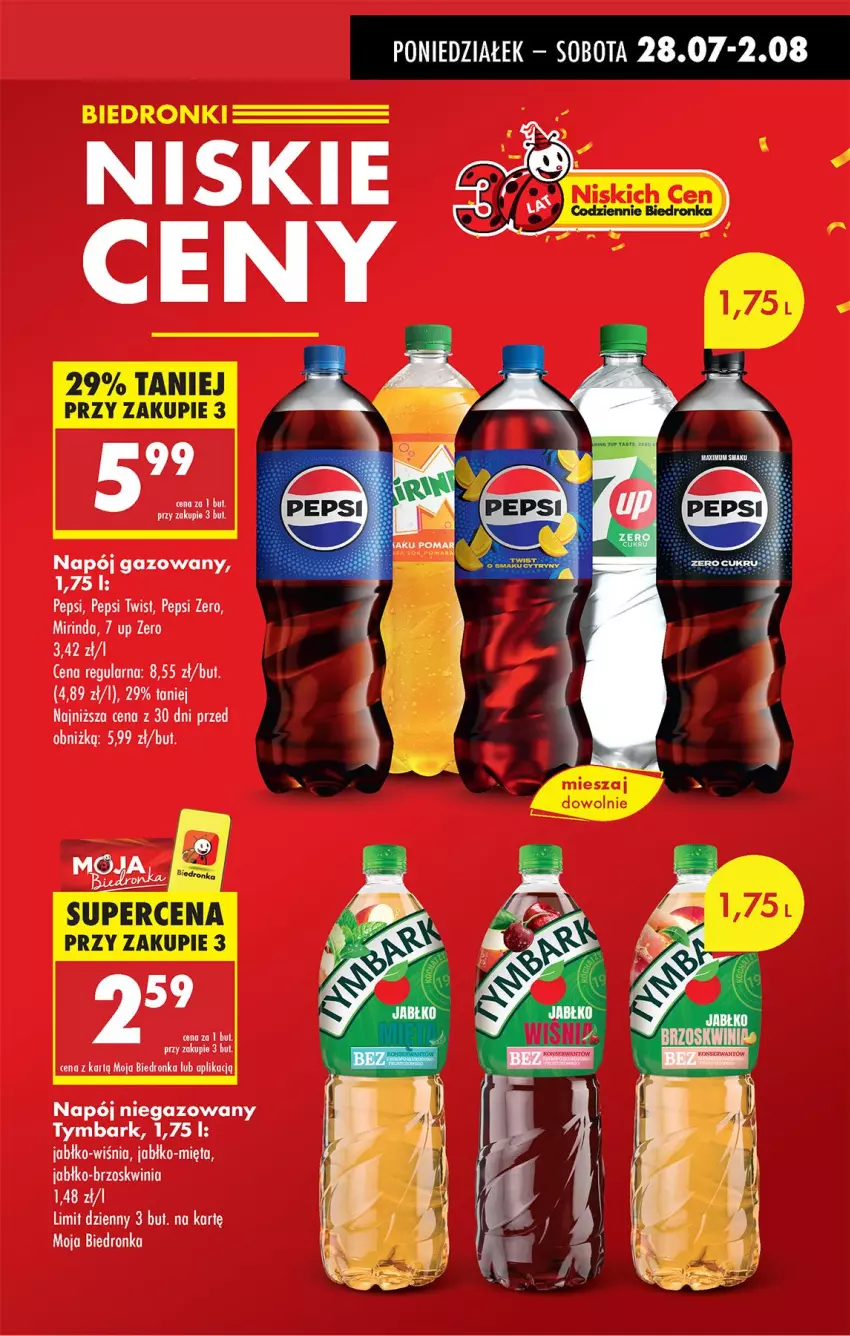 Gazetka promocyjna Biedronka - Od Poniedziałku - ważna 28.07 do 02.08.2025 - strona 15 - produkty: Mirinda, Napój, Napój gazowany, Napój niegazowany, Pepsi, Tymbark