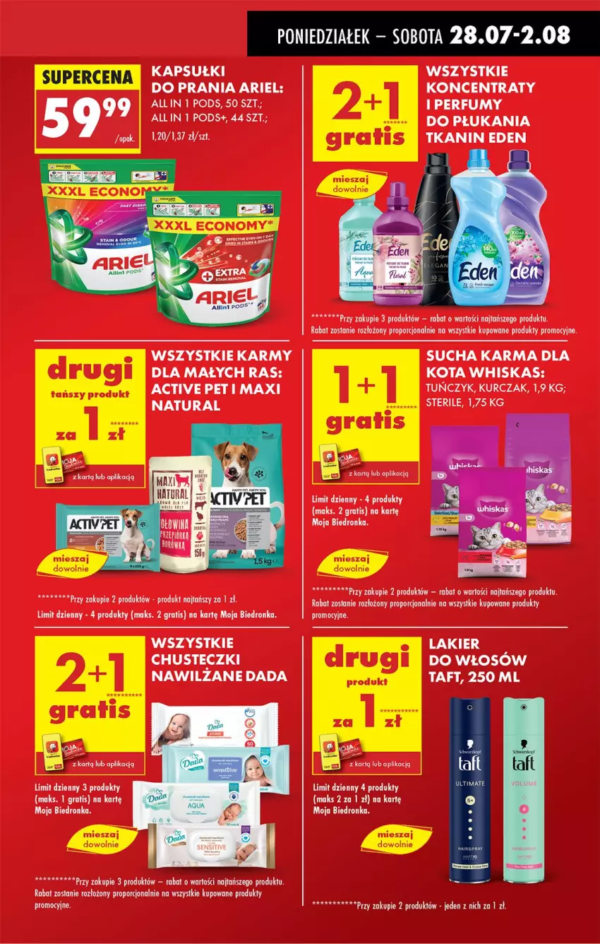 Gazetka promocyjna Biedronka - Od Poniedziałku - ważna 28.07 do 02.08.2025 - strona 19 - produkty: Ariel, Chusteczki, Dada, Gra, Kurczak, Lakier, Lakier do włosów, Perfum, Por, Sucha karma, Taft, Tuńczyk, Whiskas