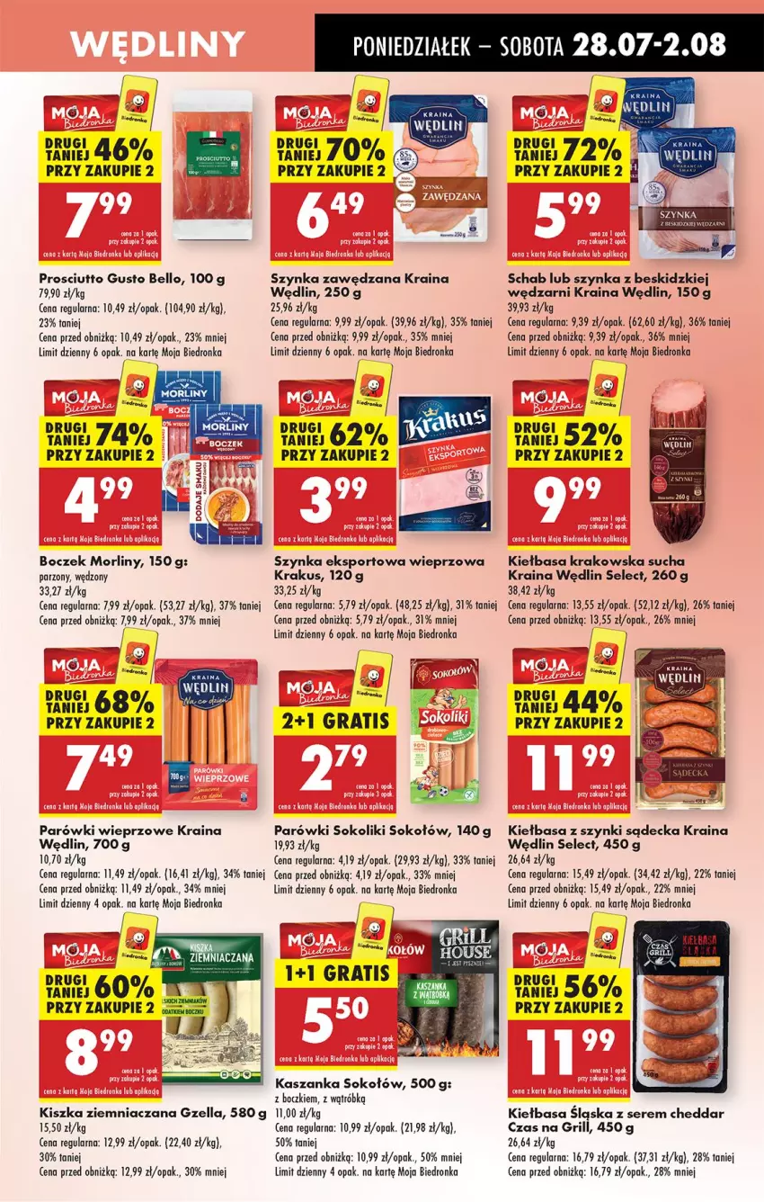 Gazetka promocyjna Biedronka - Od Poniedziałku - ważna 28.07 do 02.08.2025 - strona 33 - produkty: Bell, Beskidzki, Boczek, Cheddar, Grill, Kasza, Kaszanka, Kiełbasa, Kiełbasa krakowska, Kiełbasa śląska, Krakus, Morliny, Parówki, Parówki sokoliki, Por, Prosciutto, Ser, Sok, Sokołów, Sport, Szynka