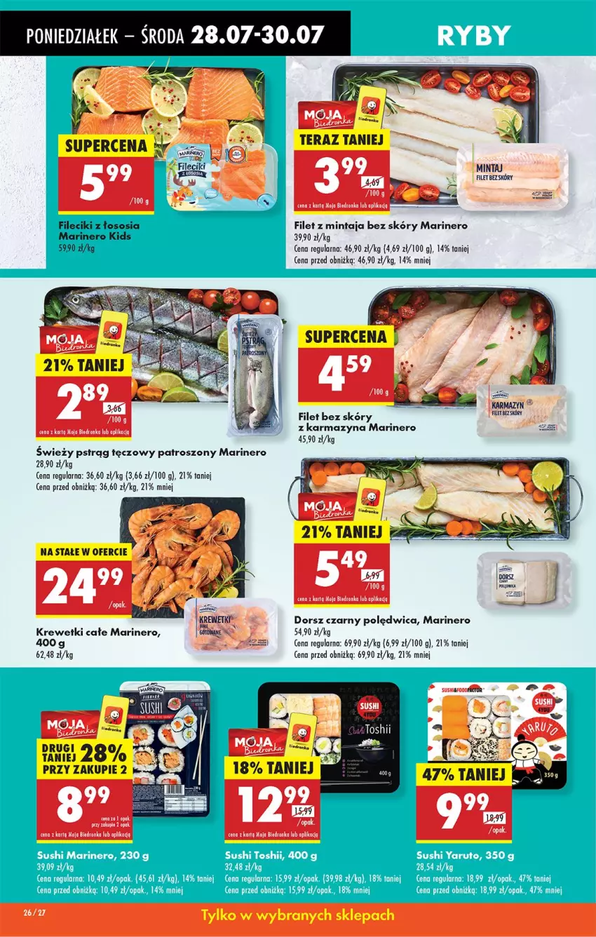 Gazetka promocyjna Biedronka - Od Poniedziałku - ważna 28.07 do 02.08.2025 - strona 38 - produkty: Dorsz, Filet z mintaja, Inka, Krewetki, Mintaj, Polędwica, Pstrąg, Pstrąg tęczowy, Sos