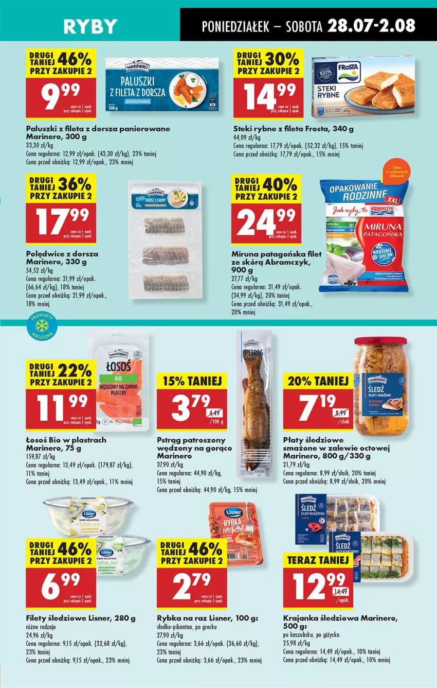 Gazetka promocyjna Biedronka - Od Poniedziałku - ważna 28.07 do 02.08.2025 - strona 39 - produkty: Dorsz, Fa, Frosta, Krajanka śledziowa, Lisner, Miruna, Płaty śledziowe, Pstrąg, Rybka na raz, Saga, Stek, Tago