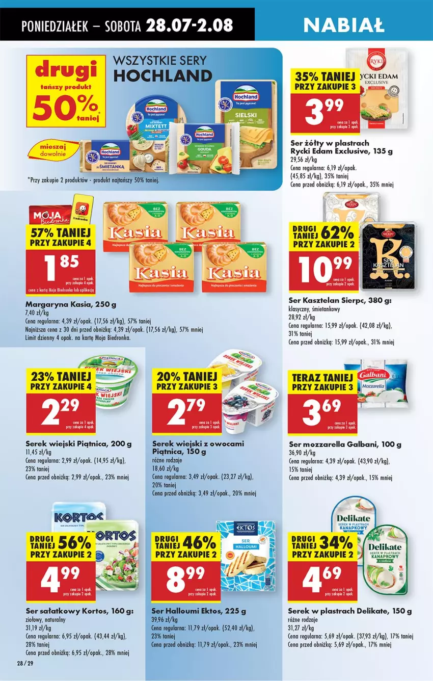 Gazetka promocyjna Biedronka - Od Poniedziałku - ważna 28.07 do 02.08.2025 - strona 40 - produkty: Edam, Galbani, Hochland, Kasia, Kasztelan, Margaryna, Mozzarella, Piątnica, Rycki Edam, Sałat, Ser, Ser Kasztelan, Serek, Serek wiejski, Tera
