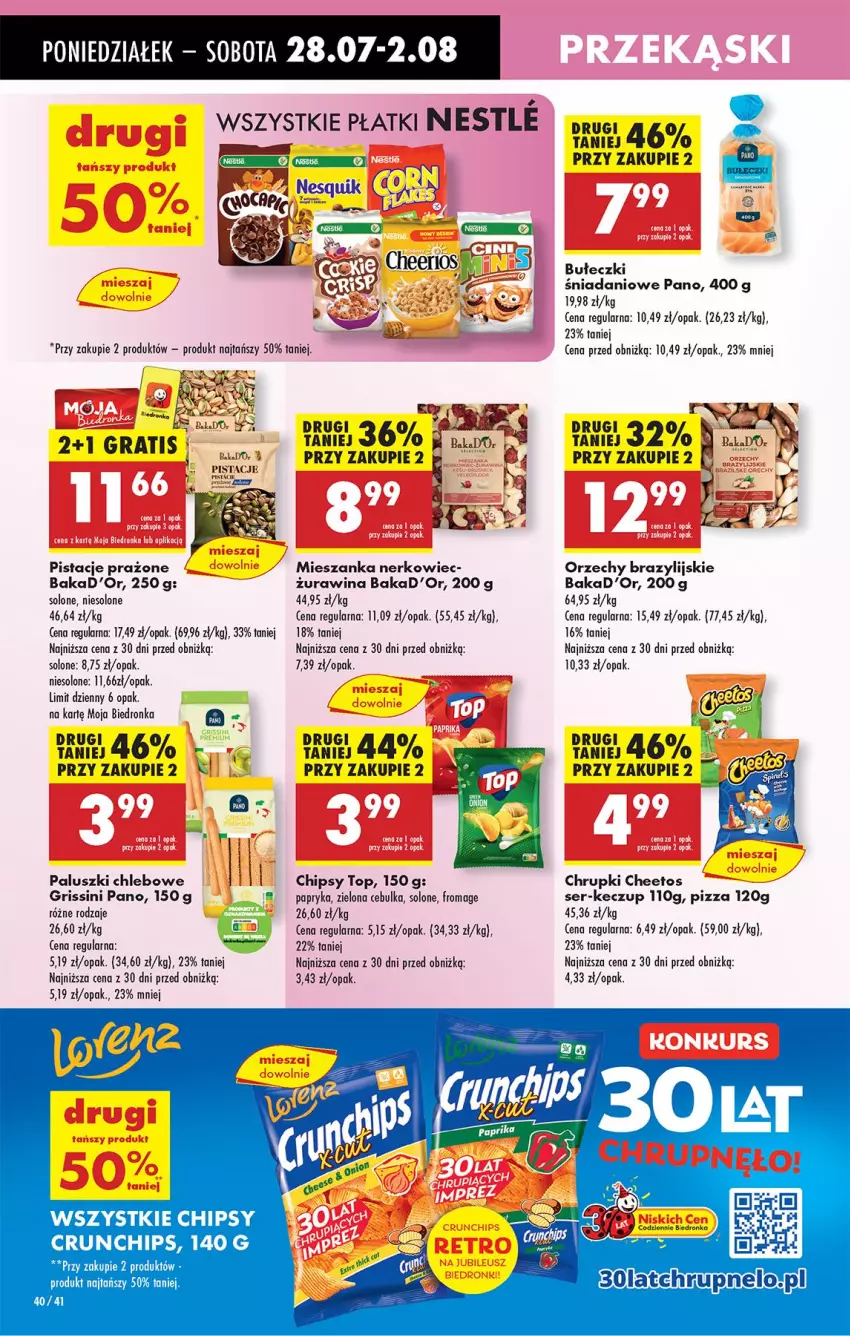 Gazetka promocyjna Biedronka - Od Poniedziałku - ważna 28.07 do 02.08.2025 - strona 58 - produkty: Bułeczki, Cheetos, Chipsy, Chleb, Chrupki, Crunchips, Danio, Gra, Grissini, Mieszanka nerkowiec, Papryka, Pistacje, Pizza, Ser, Top
