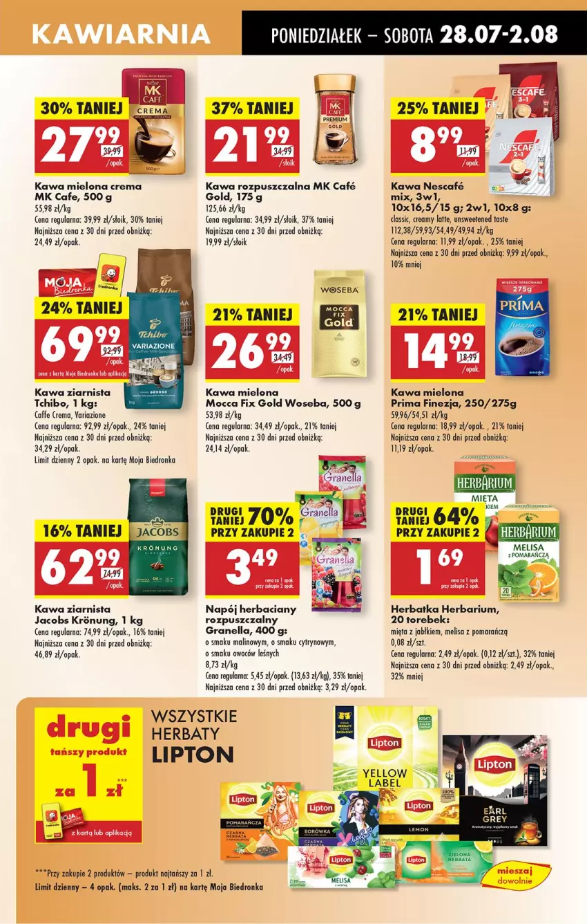 Gazetka promocyjna Biedronka - Od Poniedziałku - ważna 28.07 do 02.08.2025 - strona 59 - produkty: Fa, Gra, Jacobs, Kawa, Kawa mielona, Kawa rozpuszczalna, Kawa ziarnista, Lipton, Mięta, Mocca Fix Gold, Napój, Prima, Tchibo, Woseba