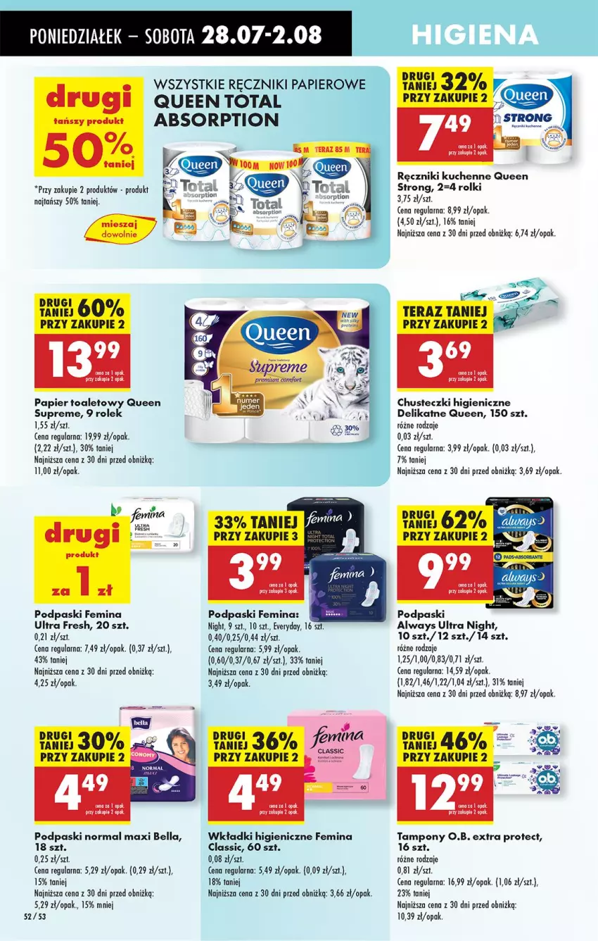 Gazetka promocyjna Biedronka - Od Poniedziałku - ważna 28.07 do 02.08.2025 - strona 74 - produkty: Always, Always Ultra, Bell, Bella, Chusteczki, Leon, O.B., Papier, Papier toaletowy, Podpaski, Ręcznik, Ręczniki papierowe, Rolki, Tampony, Tera, Wkładki