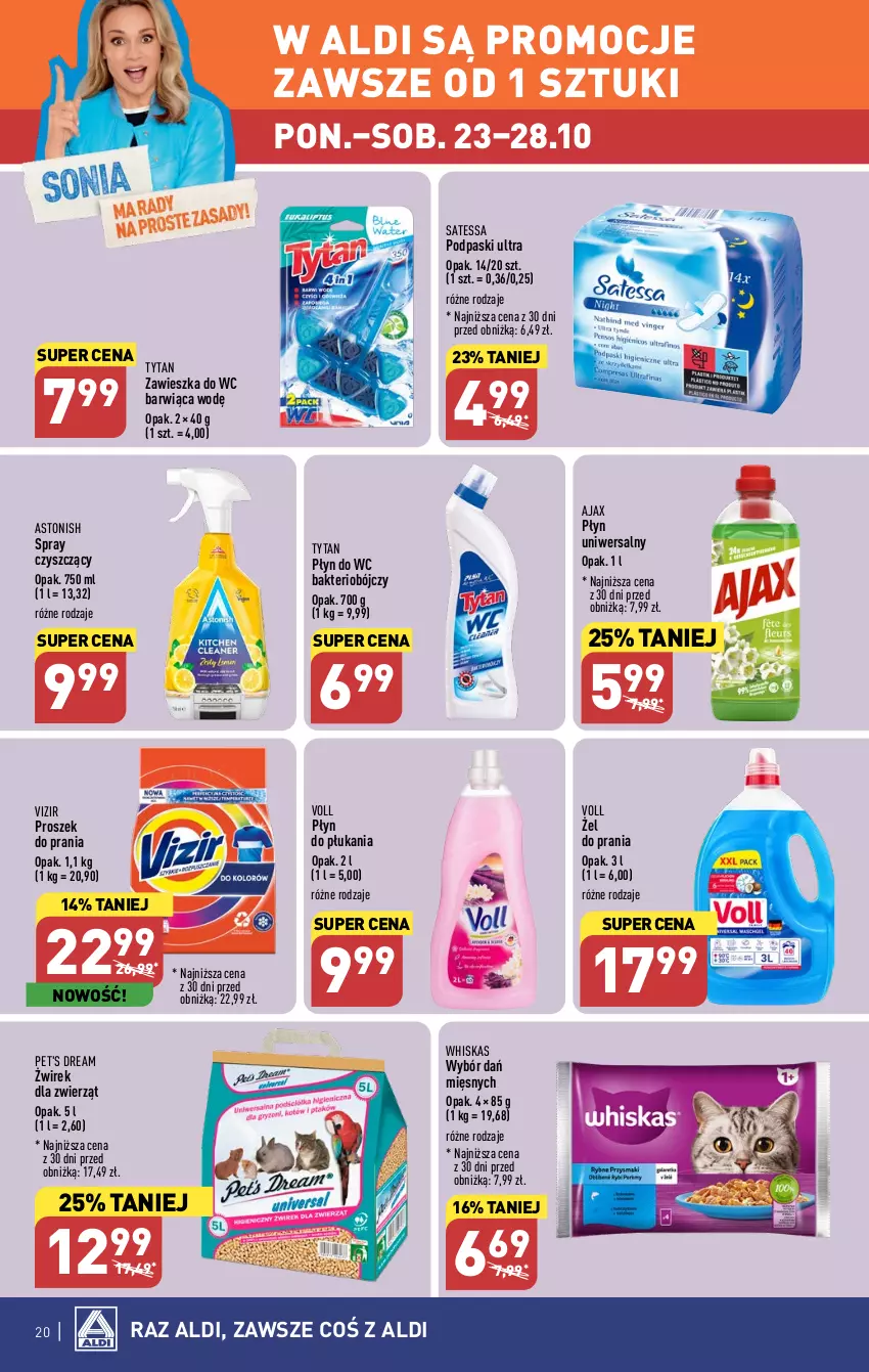 Gazetka promocyjna Aldi - Pełna oferta - ważna 23.10 do 28.10.2023 - strona 20 - produkty: Ajax, Płyn do płukania, Płyn do wc, Podpaski, Proszek do prania, Tytan, Vizir, Whiskas, Zawieszka do wc