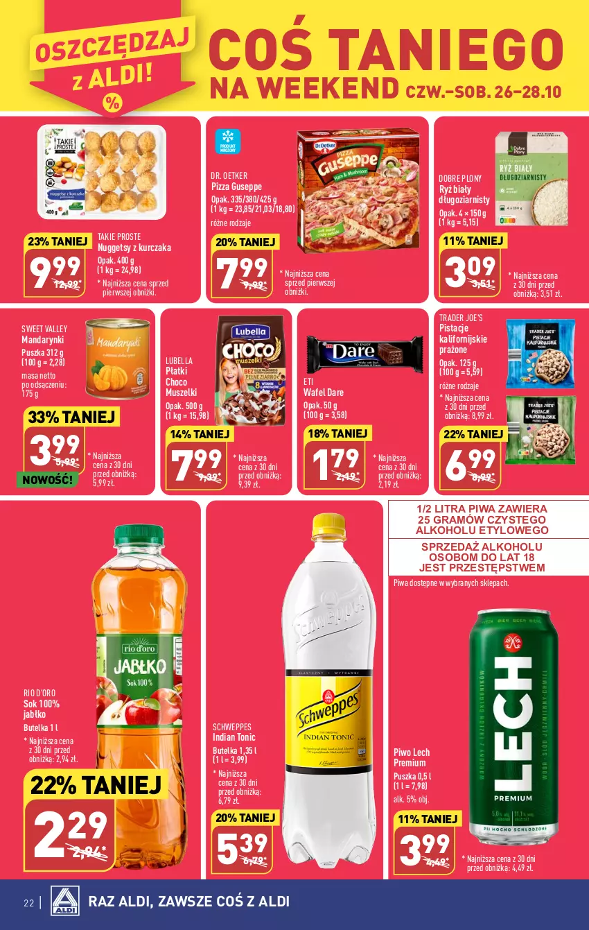 Gazetka promocyjna Aldi - Pełna oferta - ważna 23.10 do 28.10.2023 - strona 22 - produkty: Bell, Bella, Dr. Oetker, Gra, Kurczak, Lech Premium, Lubella, Mandarynki, Mus, Pistacje, Piwa, Piwo, Pizza, Ryż, Ryż biały, Schweppes, Sok