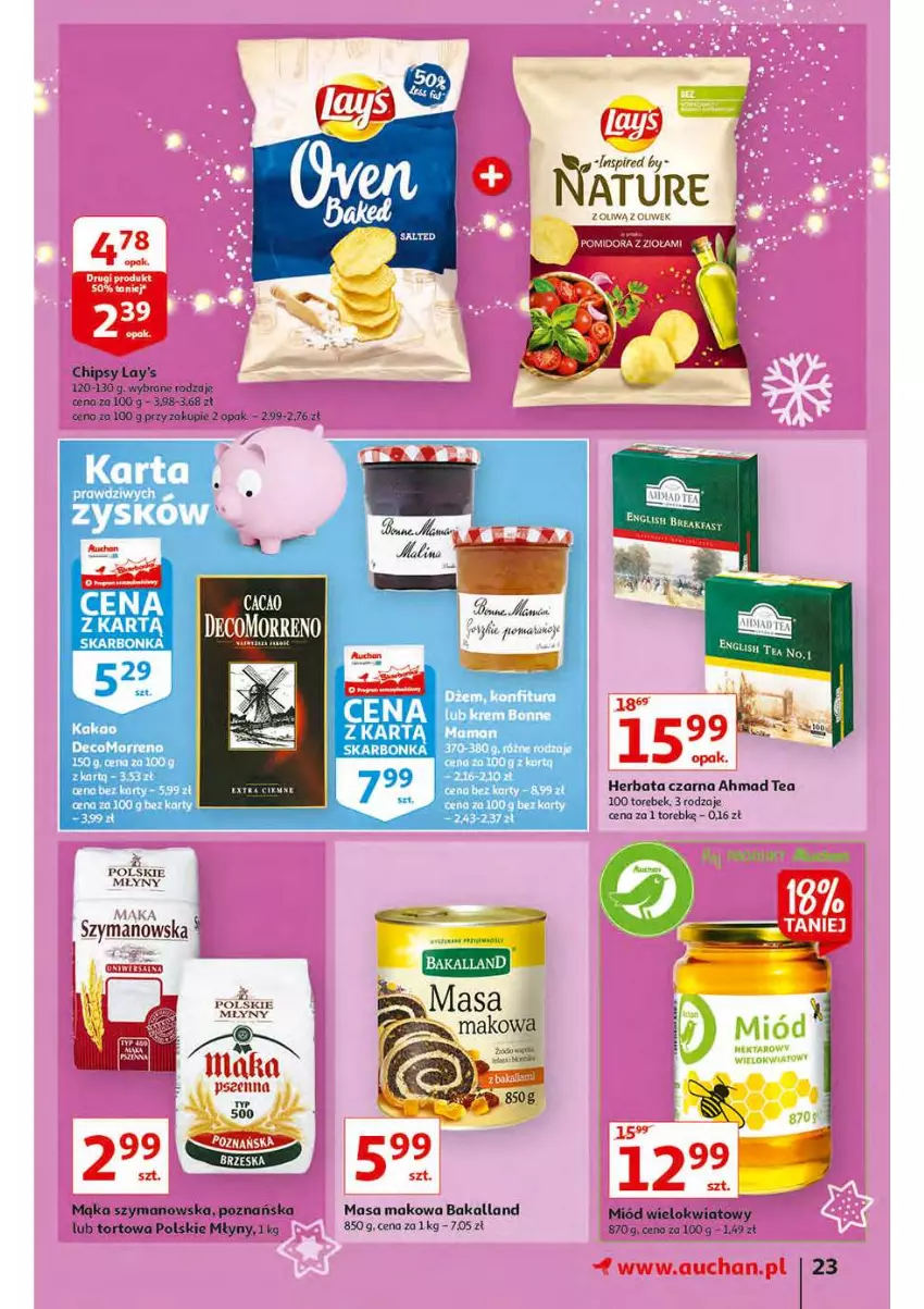 Gazetka promocyjna Auchan - Magia stołu wigilijnego Hipermarkety - ważna 16.12 do 24.12.2021 - strona 23 - produkty: Bakalland, Chipsy, Fa, Herbata, Herbata czarna, Mąka, Miód, Polskie Młyny