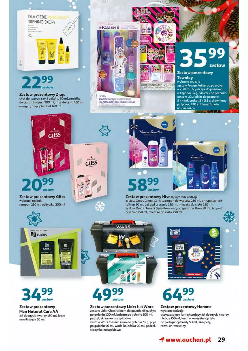 Gazetka promocyjna Auchan - Magia stołu wigilijnego Hipermarkety - ważna 16.12 do 24.12.2021 - strona 29 - produkty: Antyperspirant, Balsam po goleniu, Karp, Krem do golenia, Mleczko, Mleczko do ciała, Nivea, Odżywka, Sati, Skrzynka narzędziowa, Szampon, Woda, Woda kolońska, Zegar, Zestaw prezentowy, Ziaja