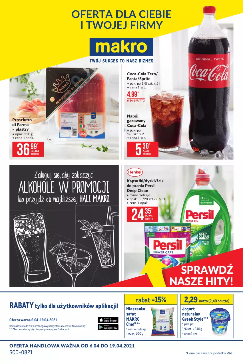 Gazetka promocyjna Makro - [Oferta promocyjna] Artykuły spożywcze - ważna 06.04 do 19.04.2021 - strona 1 - produkty: Coca-Cola, Fa, Fanta, Jogurt, Jogurt naturalny, Mieszanka sałat, Napój, Napój gazowany, Persil, Prosciutto, Sałat, Sprite