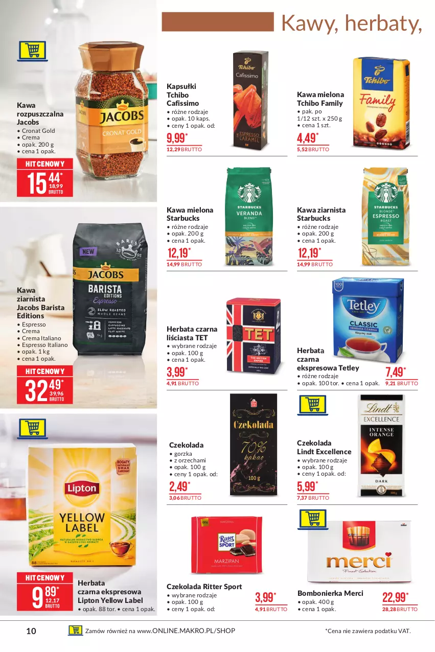 Gazetka promocyjna Makro - [Oferta promocyjna] Artykuły spożywcze - ważna 06.04 do 19.04.2021 - strona 10 - produkty: Cafissimo, Czekolada, Fa, Herbata, Herbata czarna, Jacobs, Kawa, Kawa mielona, Kawa rozpuszczalna, Kawa ziarnista, Lindt, Lipton, Merci, Por, Ritter Sport, Sport, Tchibo, Tchibo Family, Tetley