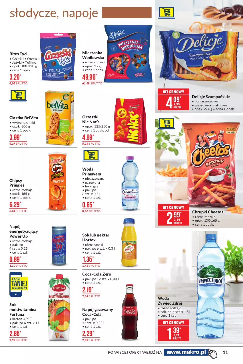 Gazetka promocyjna Makro - [Oferta promocyjna] Artykuły spożywcze - ważna 06.04 do 19.04.2021 - strona 11 - produkty: BelVita, Cheetos, Chipsy, Chrupki, Ciastka, Coca-Cola, Delicje, Fortuna, Grześki, Hortex, Jeżyki, Mieszanka wedlowska, Napój, Napój gazowany, Napoje, Nektar, Orzeszki, Prima, Primavera, Pringles, Sok, Toffino, Woda