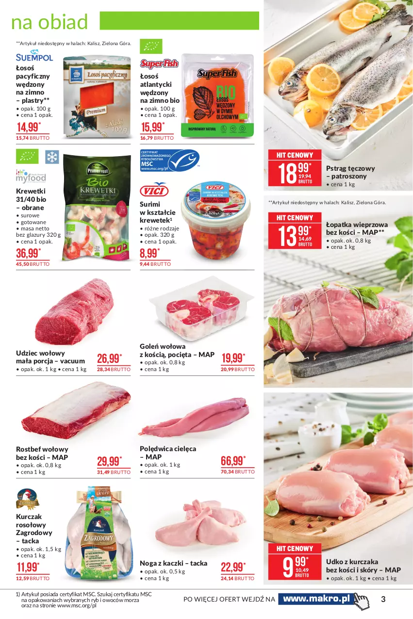 Gazetka promocyjna Makro - [Oferta promocyjna] Artykuły spożywcze - ważna 06.04 do 19.04.2021 - strona 3 - produkty: Krewetki, Kurczak, Lazur, Noga z kaczki, Polędwica, Por, Pstrąg, Pstrąg tęczowy, Rostbef, Surimi, Udziec wołowy