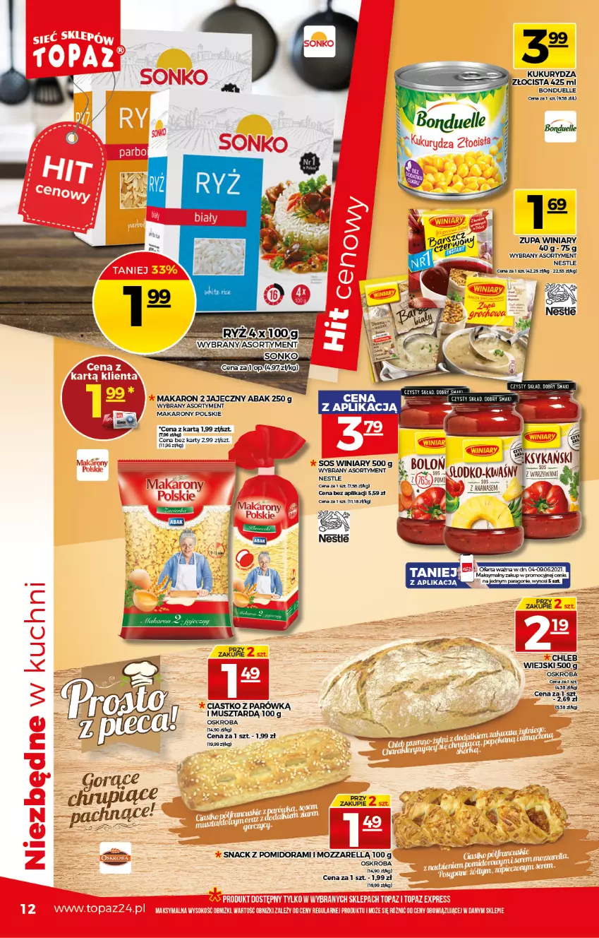 Gazetka promocyjna Topaz - Gazetka - ważna 03.06 do 09.06.2021 - strona 12 - produkty: Bonduelle, Chleb, Kukurydza, Makaron, Mus