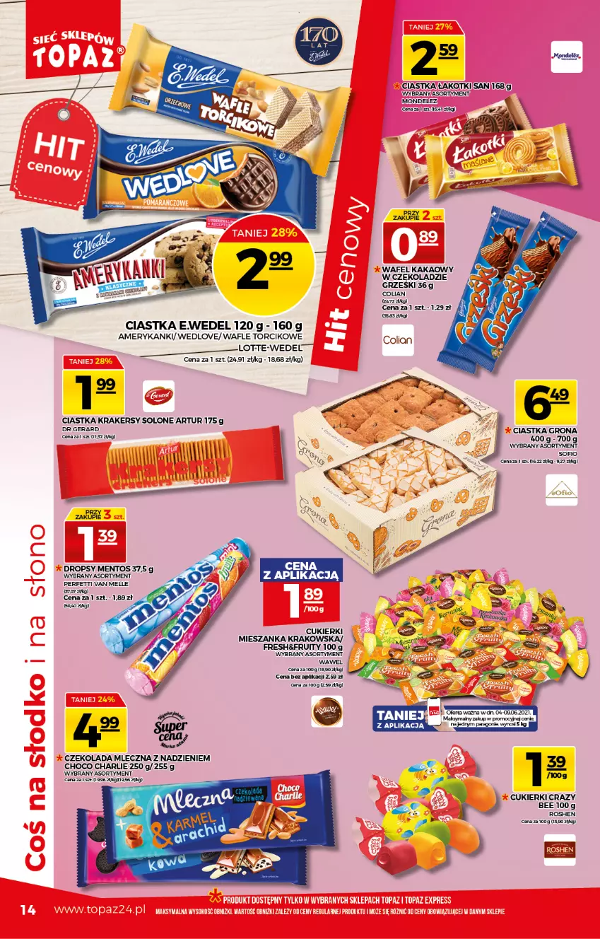 Gazetka promocyjna Topaz - Gazetka - ważna 03.06 do 09.06.2021 - strona 14 - produkty: Artur, Ciastka, Cukier, Cukierki, Czekolada, Czekolada mleczna, Dr Gerard, Grześki, Kakao, Krakersy, Mentos, Wafle, Wawel