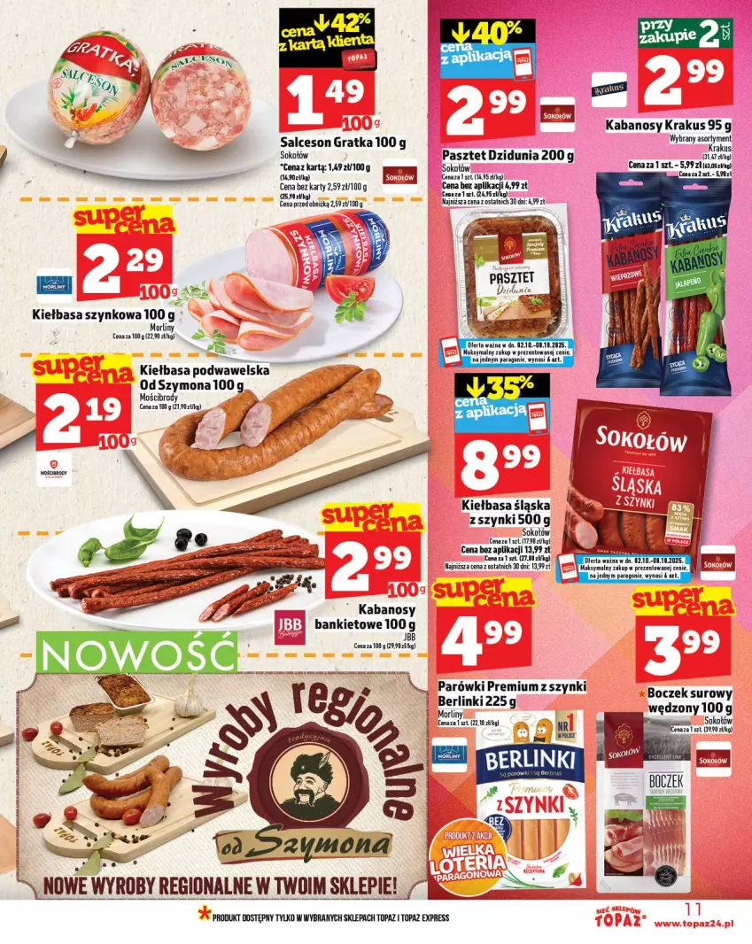 Gazetka promocyjna Topaz - Gazetka - ważna 02.10 do 08.10.2025 - strona 11 - produkty: Berlinki, Boczek, Gra, Kabanos, Kiełbasa, Kiełbasa śląska, Kiełbasa szynkowa, Krakus, Morliny, Parówki, Pasztet, Salceson, Sok, Sokołów, Top
