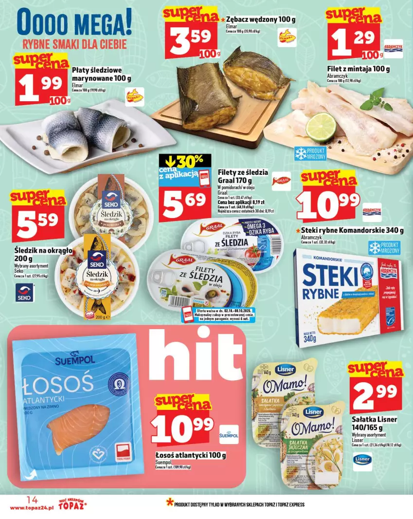Gazetka promocyjna Topaz - Gazetka - ważna 02.10 do 08.10.2025 - strona 14 - produkty: Filet z mintaja, Gra, Graal, Lisner, Mintaj, Olej, Płaty śledziowe, Sałat, Sałatka, SEKO, Sos, Stek, Suempol, Top