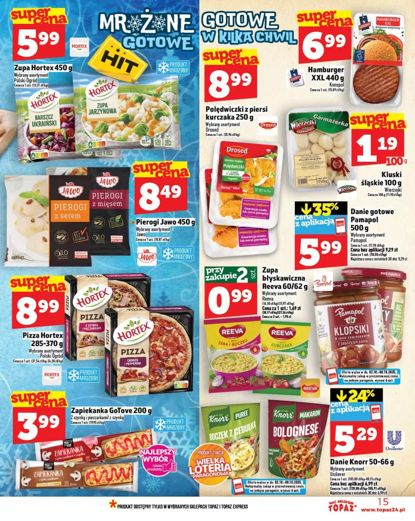 Gazetka promocyjna Topaz - Gazetka - ważna 02.10 do 08.10.2025 - strona 15 - produkty: Burger, Danie gotowe, Fa, Hamburger, Hortex, Knorr, Kurczak, LG, Ogród, Pizza, Top, Zupa