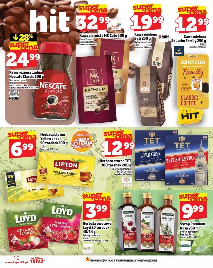 Gazetka promocyjna Topaz - Gazetka - ważna 02.10 do 08.10.2025 - strona 16 - produkty: Brit, Herbata, Herbata czarna, Kawa, Kawa rozpuszczalna, Kawa ziarnista, Lipton, Loyd, Sati, Syrop, Top