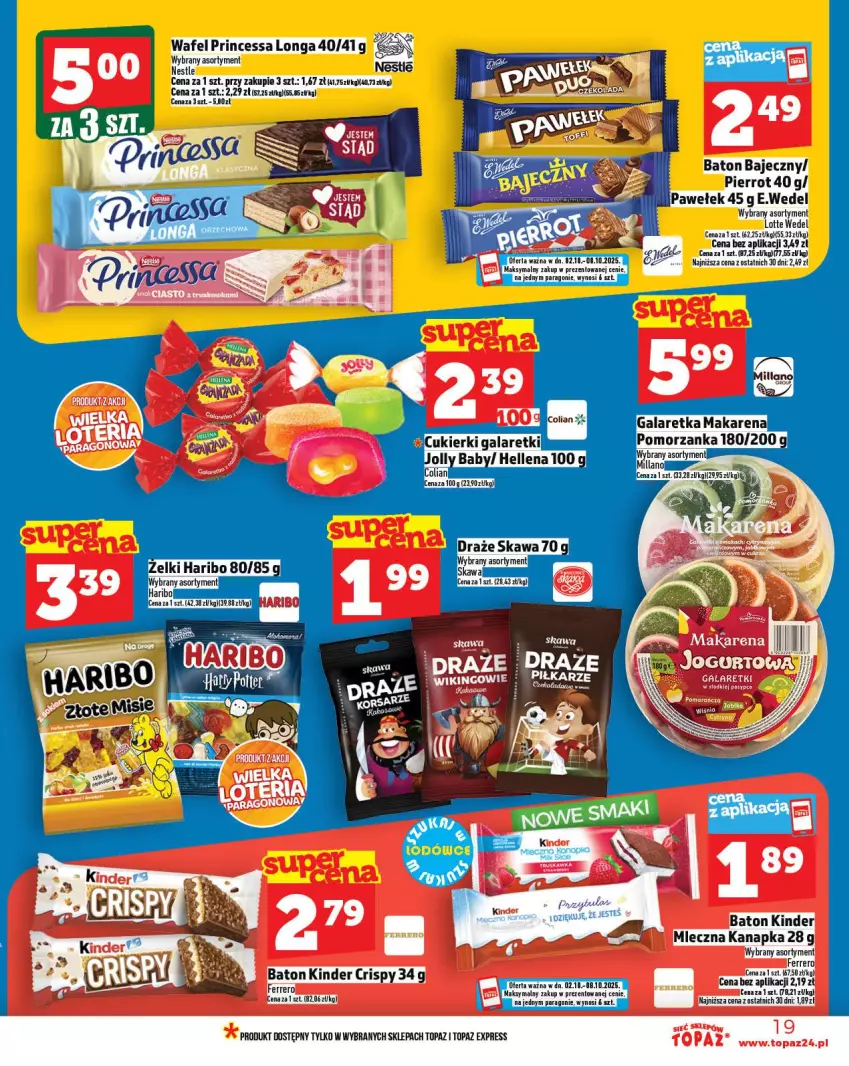 Gazetka promocyjna Topaz - Gazetka - ważna 02.10 do 08.10.2025 - strona 19 - produkty: Baton, Ferrero, Haribo, Kinder, Mleczna kanapka, Princessa, Top