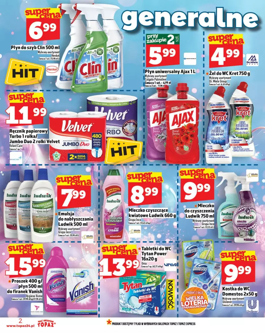 Gazetka promocyjna Topaz - Gazetka - ważna 02.10 do 08.10.2025 - strona 2 - produkty: Ajax, Clin, Colgate, Domestos, Emulsja, Kostka do wc, Kret, LG, Ludwik, Mleczko, Palmolive, Płyn do szyb, Rolki, Tablet, Top, Tytan, Vanish, Velvet