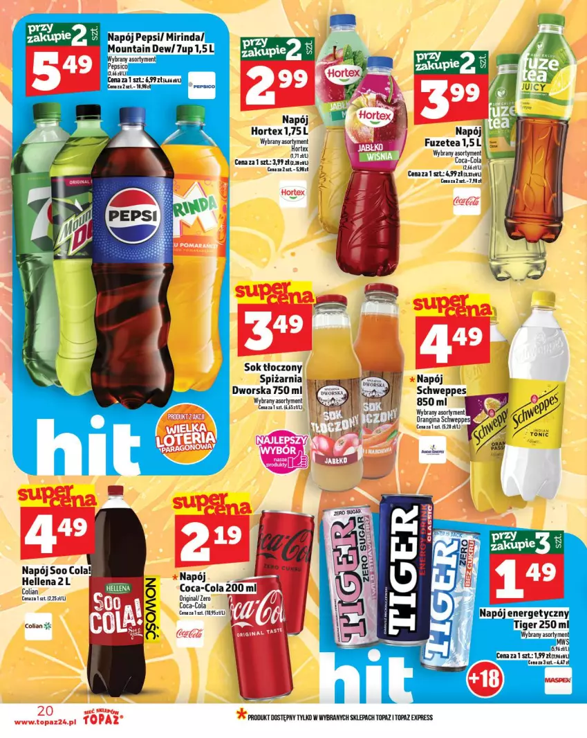 Gazetka promocyjna Topaz - Gazetka - ważna 02.10 do 08.10.2025 - strona 20 - produkty: Coca-Cola, Gin, Hellena, Hortex, Napój, Sok, Top