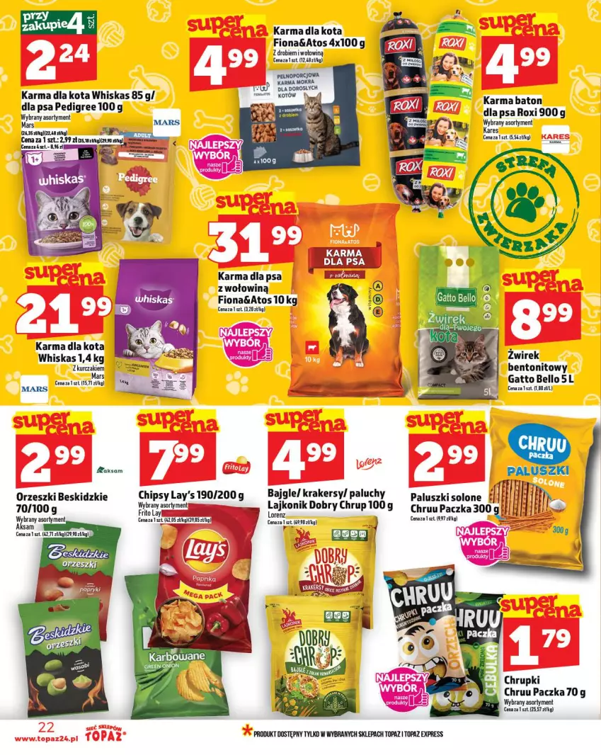 Gazetka promocyjna Topaz - Gazetka - ważna 02.10 do 08.10.2025 - strona 22 - produkty: Aksam, Bajgle, Baton, Bell, Beskidzki, Chipsy, Chrupki, Fa, Krakersy, Lajkonik, Lorenz, Mars, Orzeszki, Pedigree, Top, Tran, Whiskas