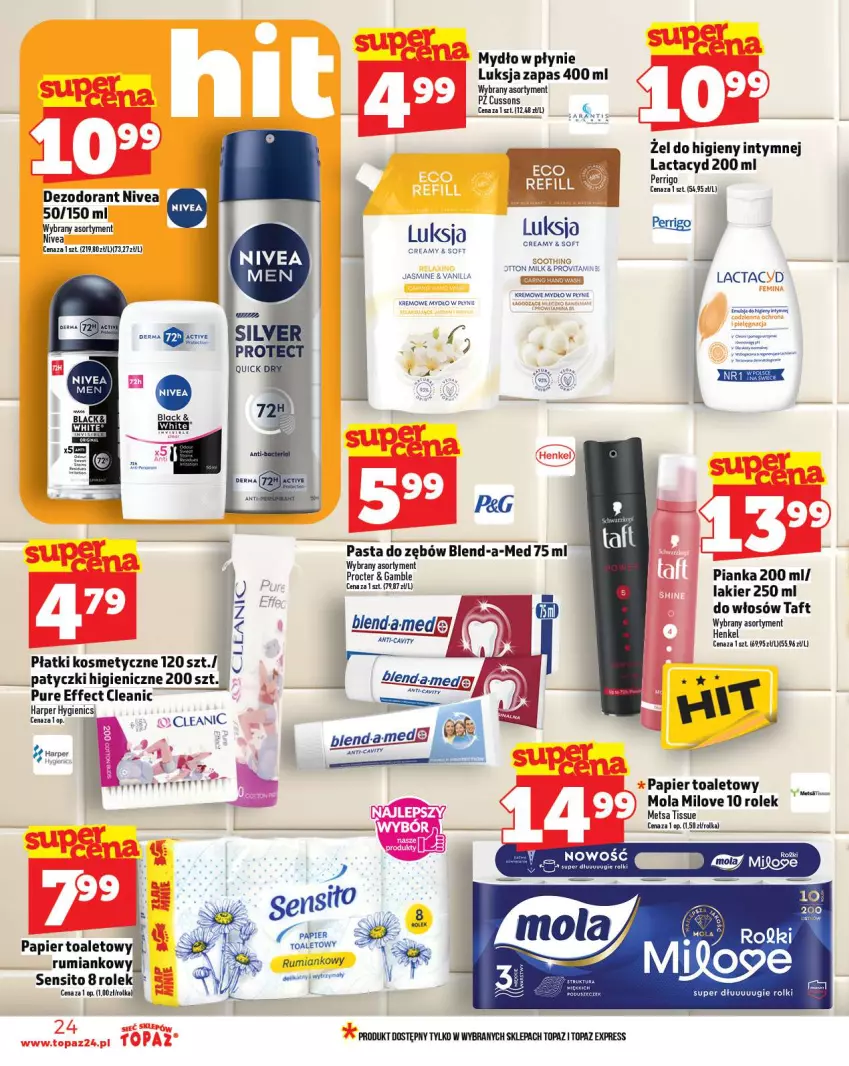 Gazetka promocyjna Topaz - Gazetka - ważna 02.10 do 08.10.2025 - strona 24 - produkty: Blend-a-Med, Cleanic, Dezodorant, Emulsja, Lactacyd, Lakier, Luksja, Mola, Mydło, Mydło w płynie, Nivea, Papier, Papier toaletowy, Pasta do zębów, Płatki kosmetyczne, Pur, Rolki, Rum, Taft, Top, Wiko