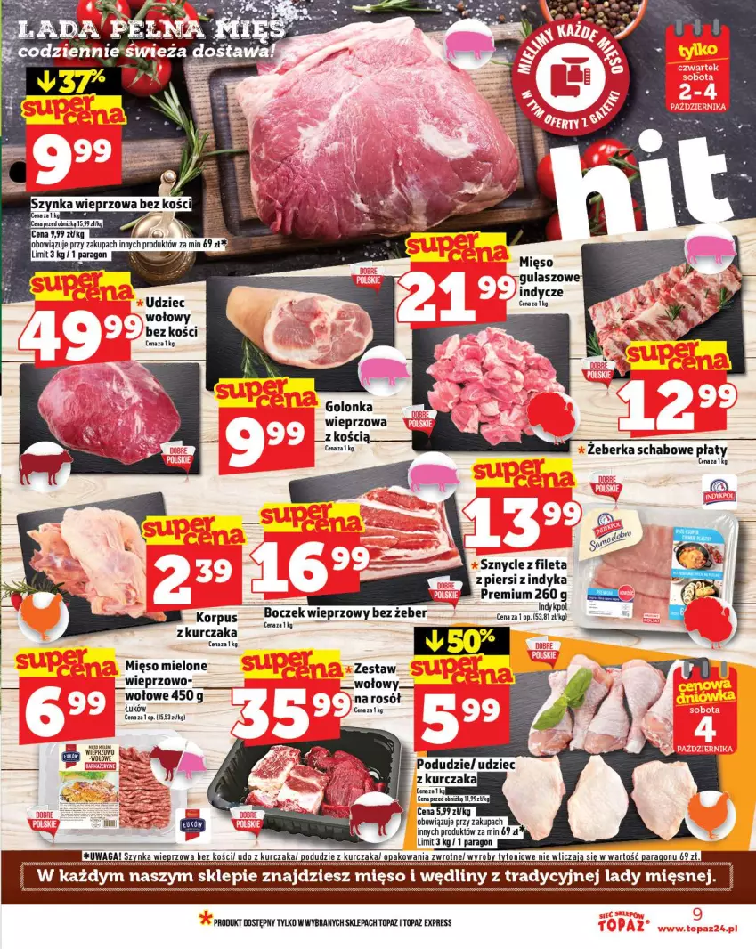 Gazetka promocyjna Topaz - Gazetka - ważna 02.10 do 08.10.2025 - strona 9 - produkty: Golonka wieprzowa, Kurczak, Mięso, Mięso mielone, Podudzie z kurczaka, Rosół, Top, Udo z kurczaka, Woda