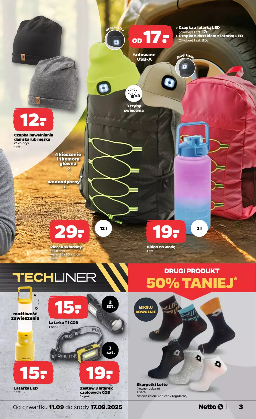 Gazetka promocyjna Netto - Od Czwartku Przemysłowa - ważna 11.09 do 17.09.2025 - strona 3 - produkty: Czapka, Karp, Latarka, Latarka LED, Plecak, Por, Skarpetki, Tarka