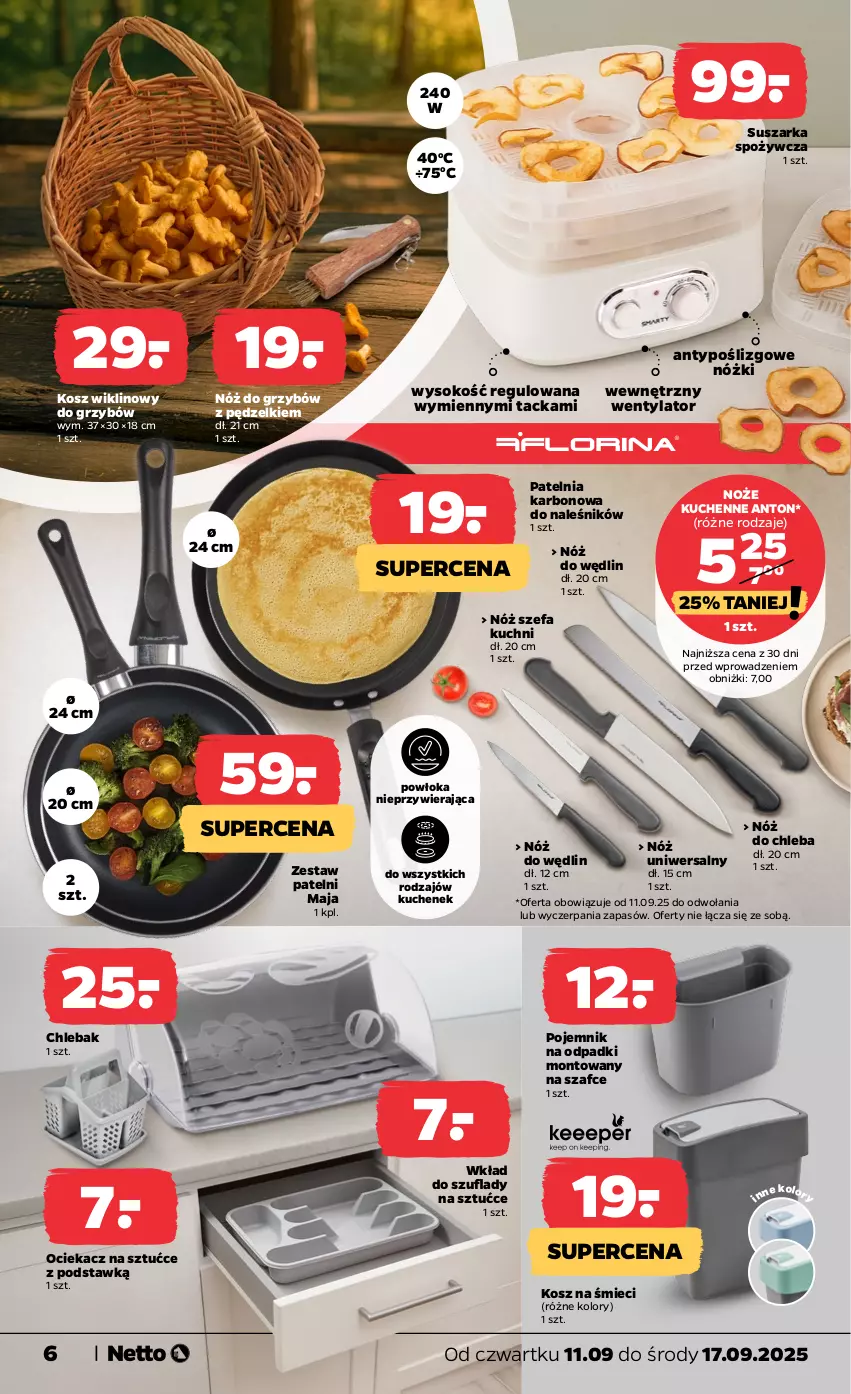 Gazetka promocyjna Netto - Od Czwartku Przemysłowa - ważna 11.09 do 17.09.2025 - strona 6 - produkty: Chleb, Chlebak, Fa, Kosz, Noż, Nóż do chleba, Nóż szefa kuchni, Nóż uniwersalny, Ociekacz, Ociekacz na sztućce, Patelnia, Pojemnik, Sok, Suszarka, Wkład do szuflad