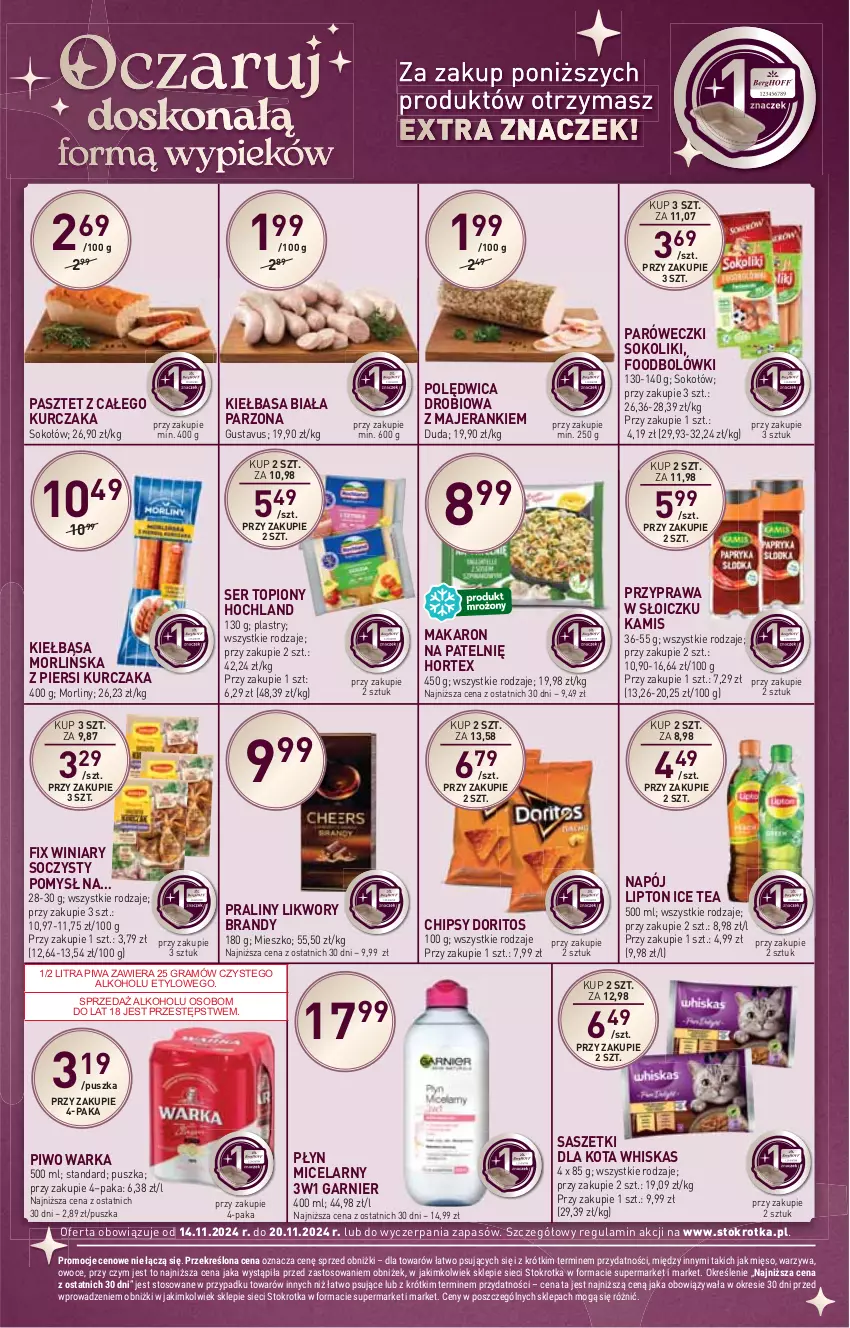 Gazetka promocyjna Stokrotka - Market - ważna 14.11 do 20.11.2024 - strona 16 - produkty: Brandy, Chipsy, Duda, Garnier, Gra, Hochland, Hortex, HP, Ice tea, Kamis, Kiełbasa, Kiełbasa biała, Kurczak, Lipton, Makaron, Morliny, Napój, Pasztet, Piwa, Piwo, Płyn micelarny, Polędwica, Praliny, Ser, Ser topiony, Sok, Sokołów, Top, Warka, Whiskas, Winiary