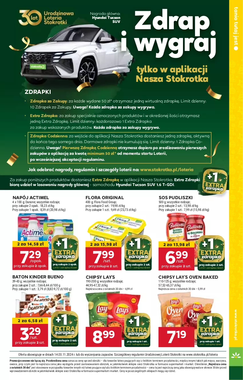 Gazetka promocyjna Stokrotka - Market - ważna 14.11 do 20.11.2024 - strona 5 - produkty: Actimel, Baton, Chipsy, Flora, Gin, Gra, Gry, HP, Kinder, Kinder Bueno, Lay’s, Napój, Pudliszki, Sos, Waga