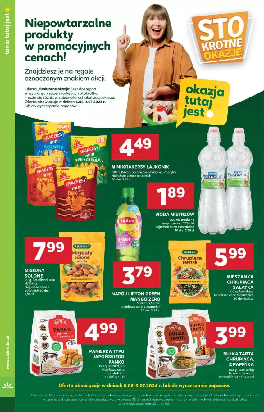 Gazetka promocyjna Stokrotka - Supermarket - ważna 06.06 do 12.06.2024 - strona 24 - produkty: Bakalland, Beko, Krakersy, Lajkonik, LANA, Lipton, Mango, Migdały, Papryka, Sałat, Sałatka, Ser, Woda