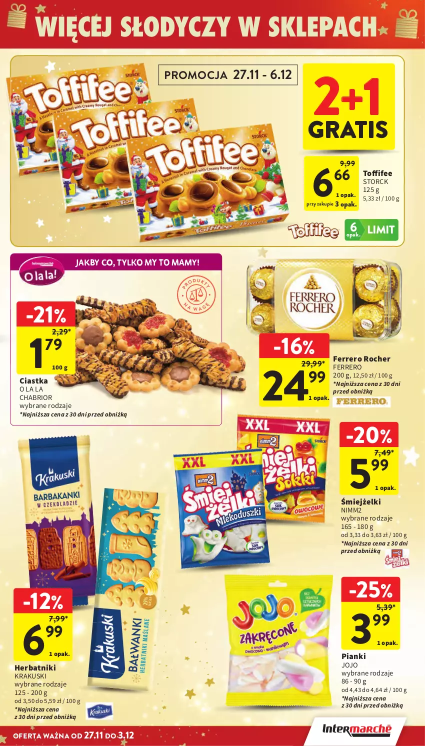 Gazetka promocyjna Intermarche - Gazetka promocyjna - ważna 27.11 do 03.12.2025 - strona 16 - produkty: Chabrior, Ciastka, Ferrero, Ferrero Rocher, Gra, Herbatniki, Krakus, Krakuski, Nimm2