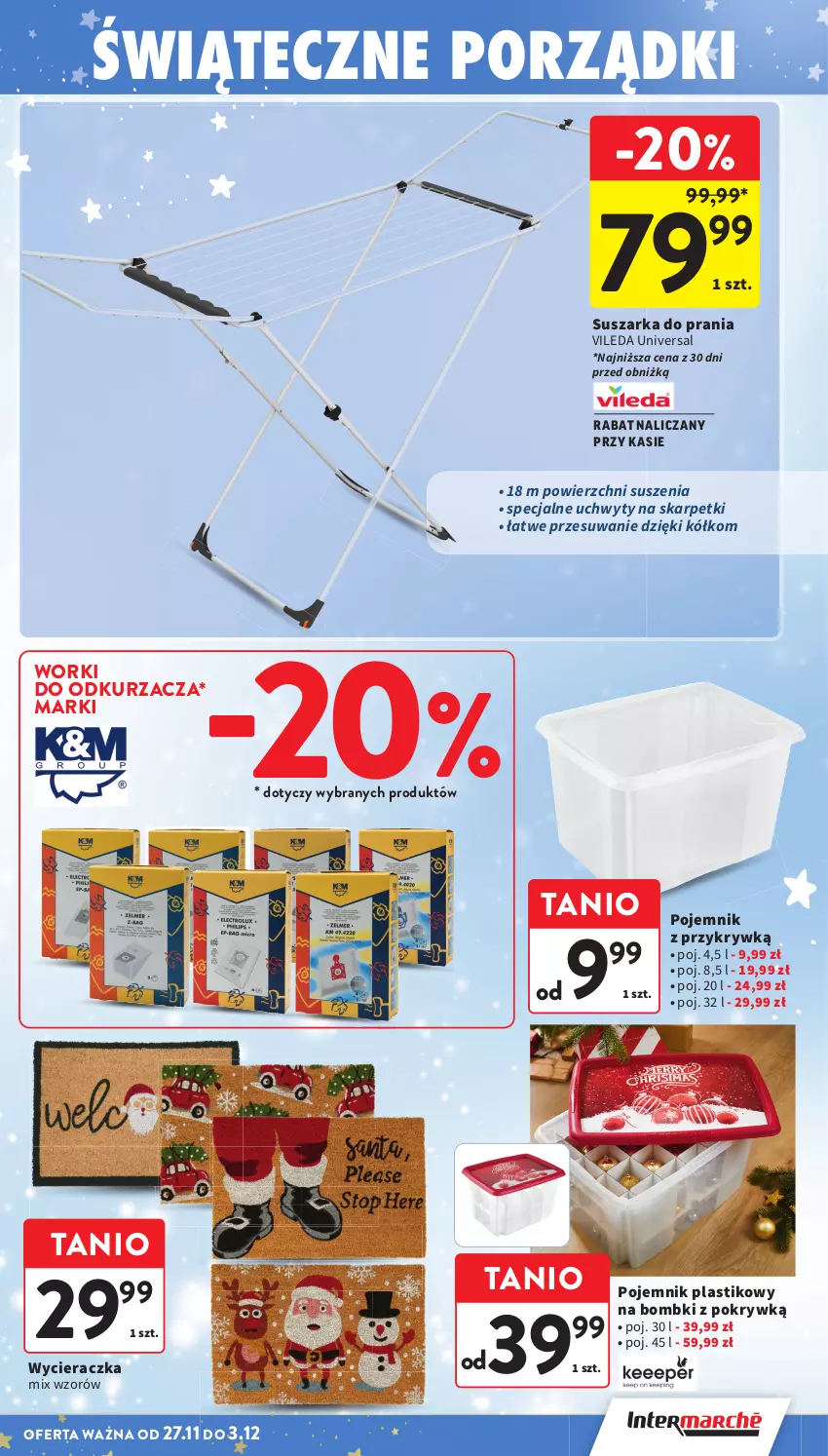 Gazetka promocyjna Intermarche - Gazetka promocyjna - ważna 27.11 do 03.12.2025 - strona 22 - produkty: Bombki, Karp, Odkurzacz, Pojemnik, Pojemnik plastikowy, Por, Skarpetki, Suszarka, Uchwyty, Vileda, Wycieraczka