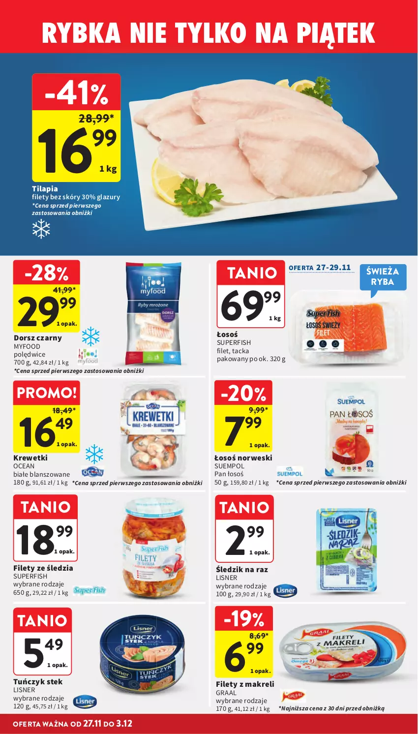 Gazetka promocyjna Intermarche - Gazetka promocyjna - ważna 27.11 do 03.12.2025 - strona 41 - produkty: Dorsz, Gra, Graal, Krewetki, Lazur, Lisner, Ryba, Stek, Suempol, Tilapia, Tuńczyk
