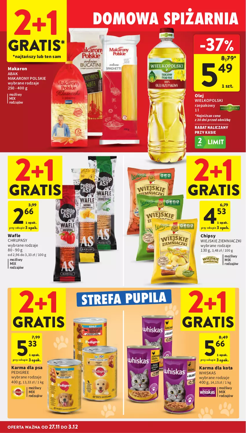 Gazetka promocyjna Intermarche - Gazetka promocyjna - ważna 27.11 do 03.12.2025 - strona 45 - produkty: Chipsy, Fa, Gra, Makaron, Olej, Pedigree, Wafle, Whiskas