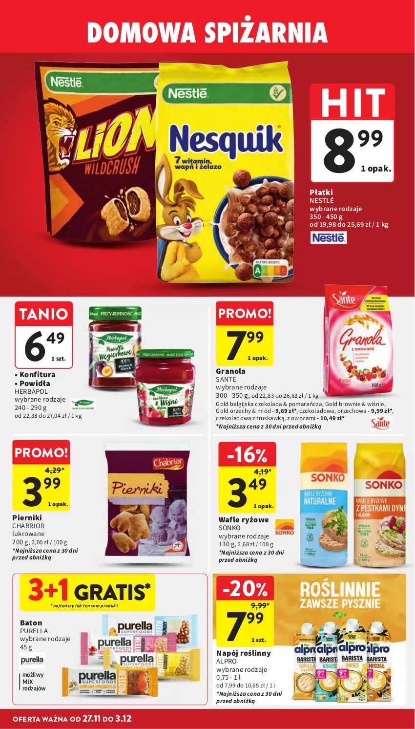 Gazetka promocyjna Intermarche - Gazetka promocyjna - ważna 27.11 do 03.12.2025 - strona 47 - produkty: Alpro, Baton, Brownie, Chabrior, Czekolada, Gra, Granola, Herbapol, Konfitura, LG, Miód, Napój, Napój roślinny, Nestlé, Piernik, Pur, Ryż, Sante, Sonko, Wafle