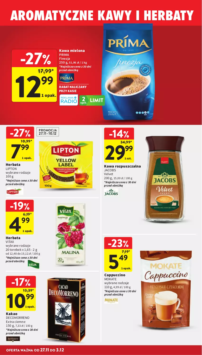 Gazetka promocyjna Intermarche - Gazetka promocyjna - ważna 27.11 do 03.12.2025 - strona 51 - produkty: Cappuccino, Herbata, Jacobs, Jacobs Velvet, Kakao, Kawa, Kawa mielona, Kawa rozpuszczalna, Lipton, Prima, Velvet, Vitax