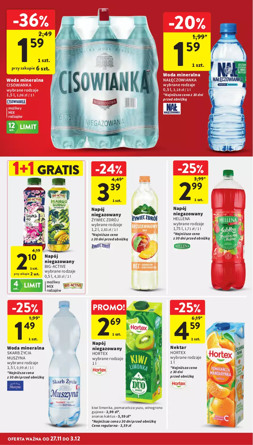 Gazetka promocyjna Intermarche - Gazetka promocyjna - ważna 27.11 do 03.12.2025 - strona 53 - produkty: Ananas, Cisowianka, Gra, Hellena, Hortex, Kaktus, Kiwi, Limonka, Mus, Nałęczowianka, Napój, Napój niegazowany, Nektar, Szyna, Wino, Woda, Woda mineralna