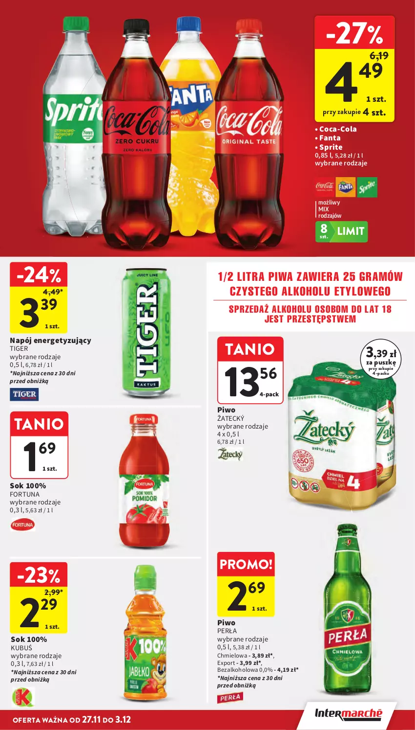 Gazetka promocyjna Intermarche - Gazetka promocyjna - ważna 27.11 do 03.12.2025 - strona 54 - produkty: Coca-Cola, Fa, Fanta, Fortuna, Gra, Kubuś, Napój, Perła, Piwa, Piwo, Por, Sok, Sprite, Tiger