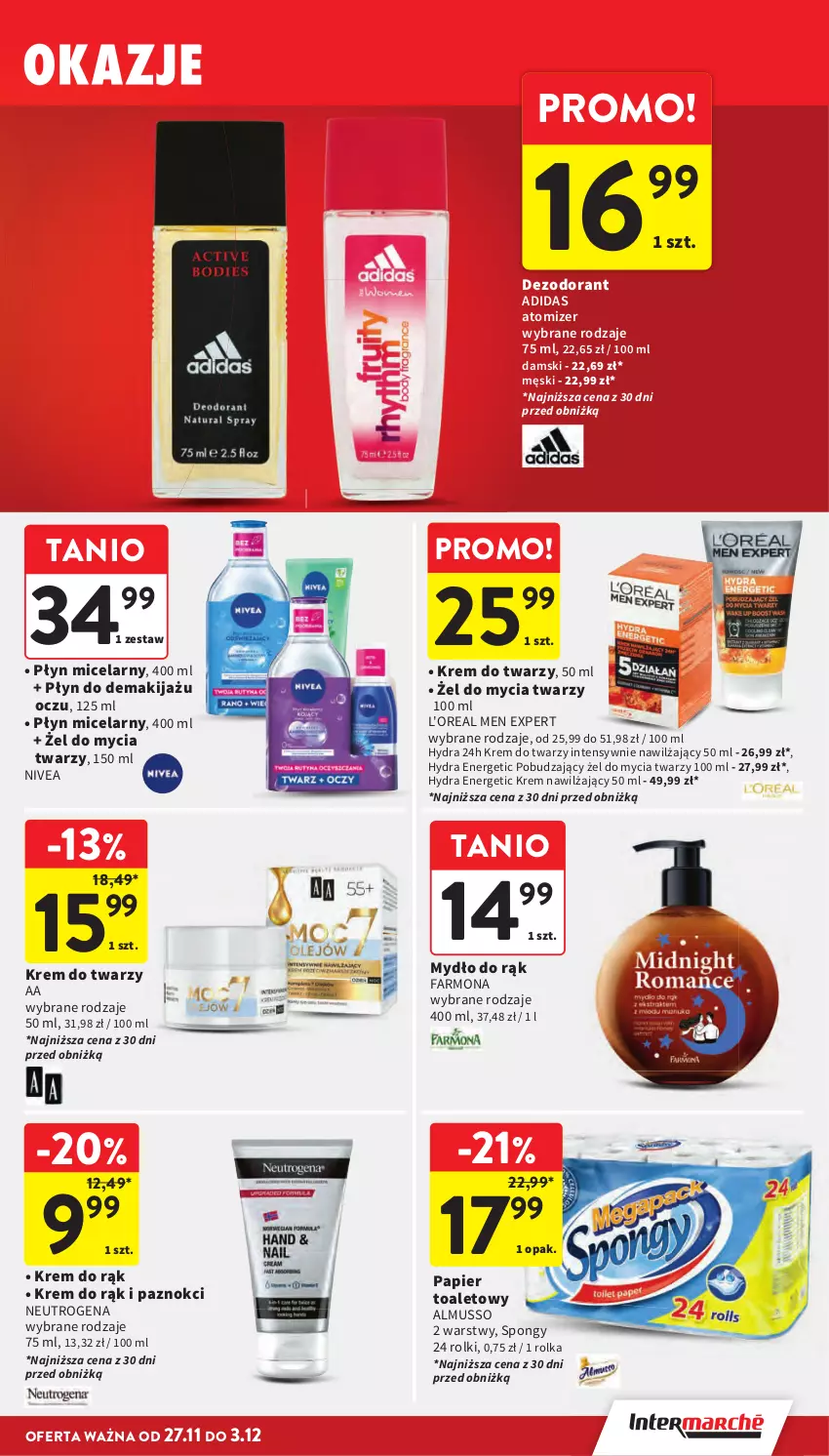 Gazetka promocyjna Intermarche - Gazetka promocyjna - ważna 27.11 do 03.12.2025 - strona 56 - produkty: Adidas, Dezodorant, Fa, Krem do rąk, Krem do twarzy, Krem nawilżający, Makijaż, Mus, Mydło, Neutrogena, Nivea, Papier, Papier toaletowy, Płyn micelarny, Rolki