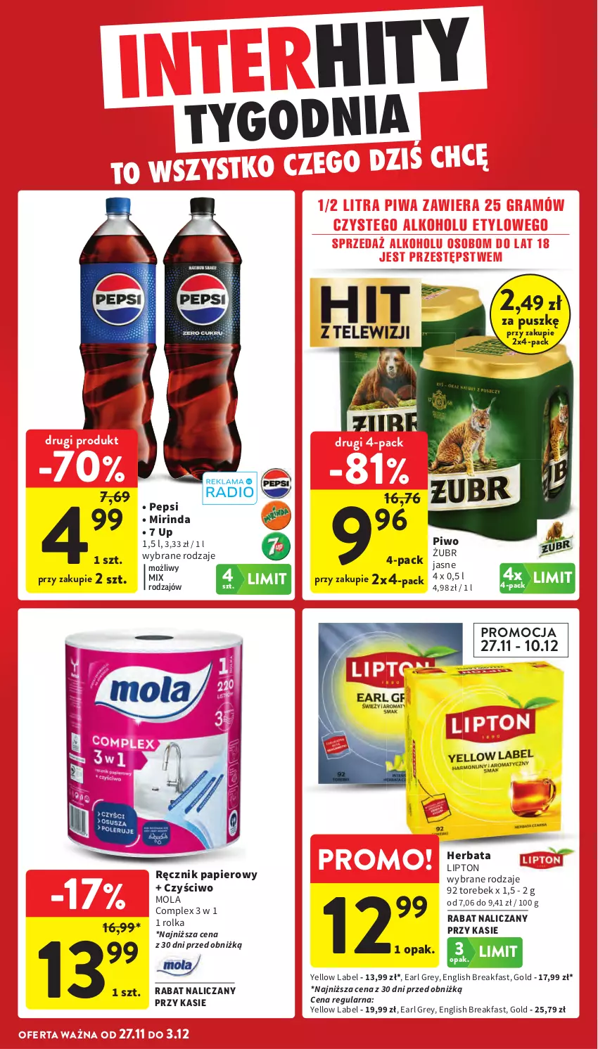 Gazetka promocyjna Intermarche - Gazetka promocyjna - ważna 27.11 do 03.12.2025 - strona 9 - produkty: Earl Grey, Fa, Gra, Herbata, Lipton, Mirinda, Mola, Papier, Pepsi, Piwa, Piwo, Ręcznik