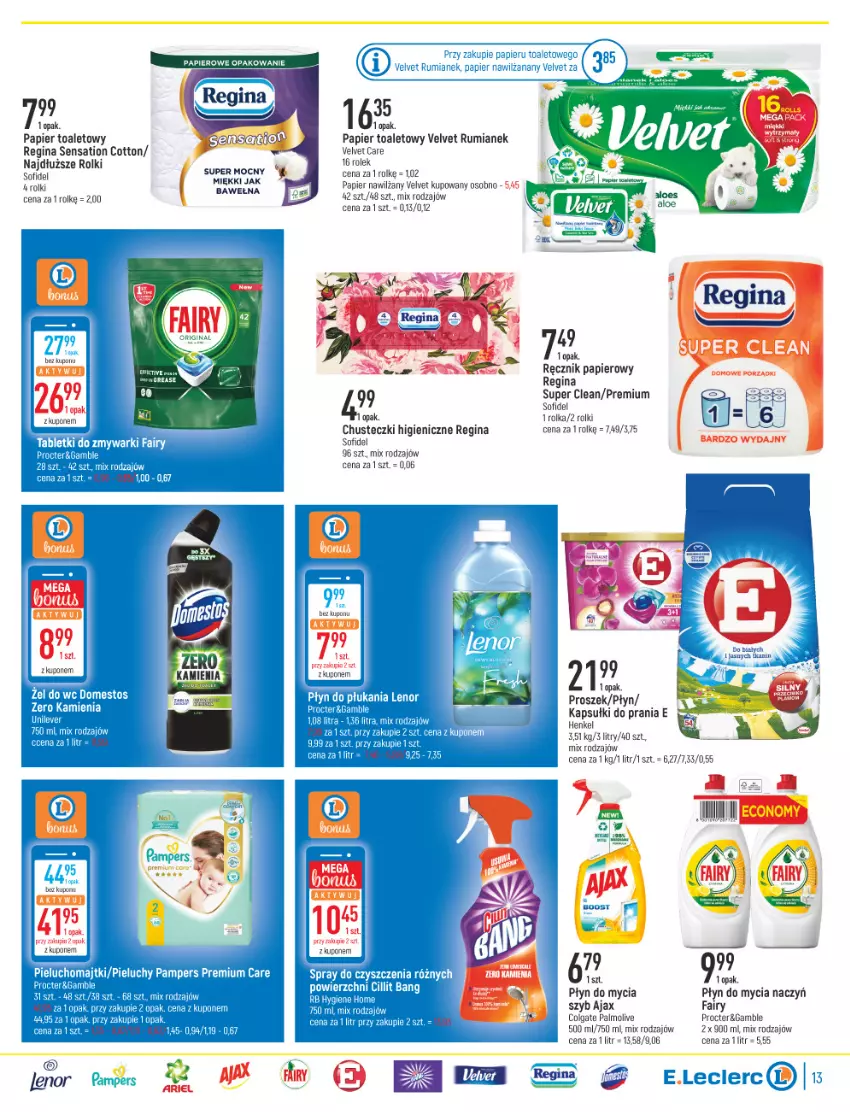 Gazetka promocyjna E Leclerc - ważna 16.11 do 27.11.2021 - strona 13 - produkty: Ajax, Chusteczki, Colgate, Do mycia naczyń, Fa, Fairy, Gin, Kapsułki do prania, LG, Palmolive, Papier, Papier toaletowy, Płyn do mycia, Płyn do mycia naczyń, Ręcznik, Rolki, Rum, Sati, Sok, Velvet, Wełna