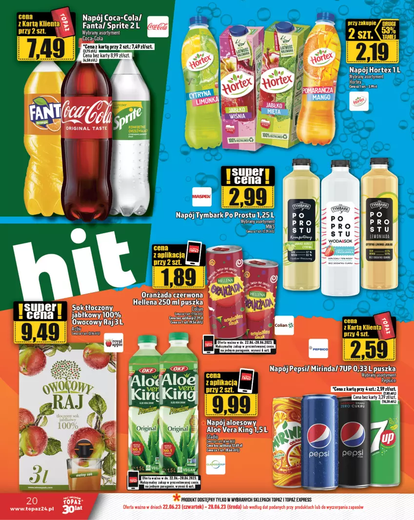 Gazetka promocyjna Topaz - Gazetka - ważna 22.06 do 28.06.2023 - strona 20 - produkty: 7up, Aloe vera, BIC, Coca-Cola, Fa, Fanta, Gin, Hellena, Mirinda, Napój, Oranżada, Pepsi, Sok, Sprite, Top