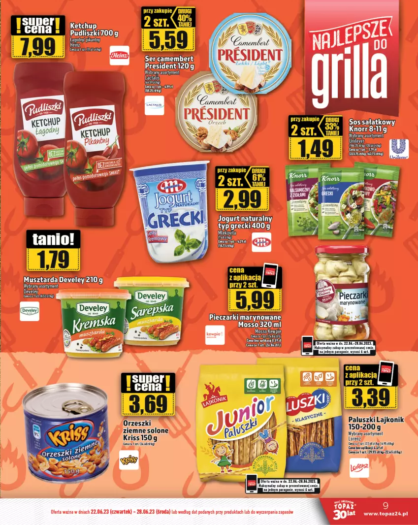 Gazetka promocyjna Topaz - Gazetka - ważna 22.06 do 28.06.2023 - strona 9 - produkty: Jogurt, Ketchup, Lajkonik, Mleko, Mlekovita, Mus, Musztarda, Piec, Sałat, Sos, Top