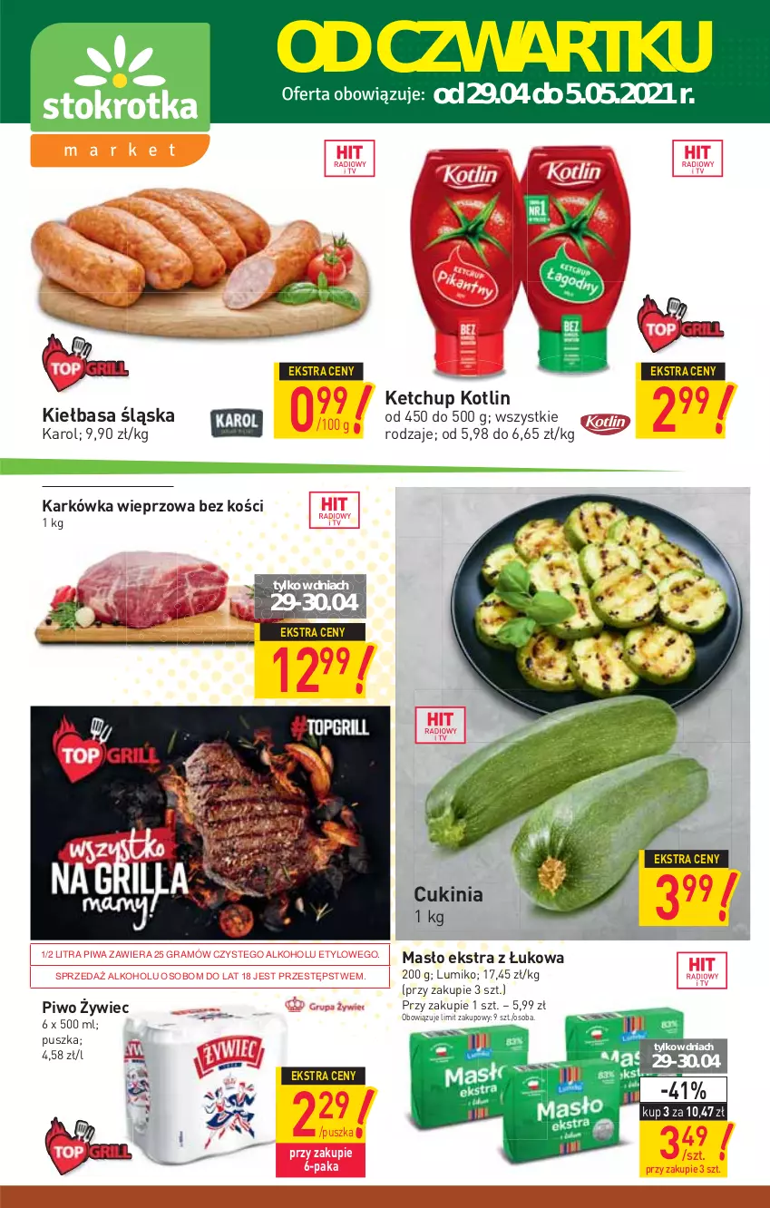 Gazetka promocyjna Stokrotka - Market - ważna 29.04 do 05.05.2021 - strona 1 - produkty: Gra, Karkówka wieprzowa, Ketchup, Kiełbasa, Kiełbasa śląska, Kotlin, Masło, Piwa, Piwo