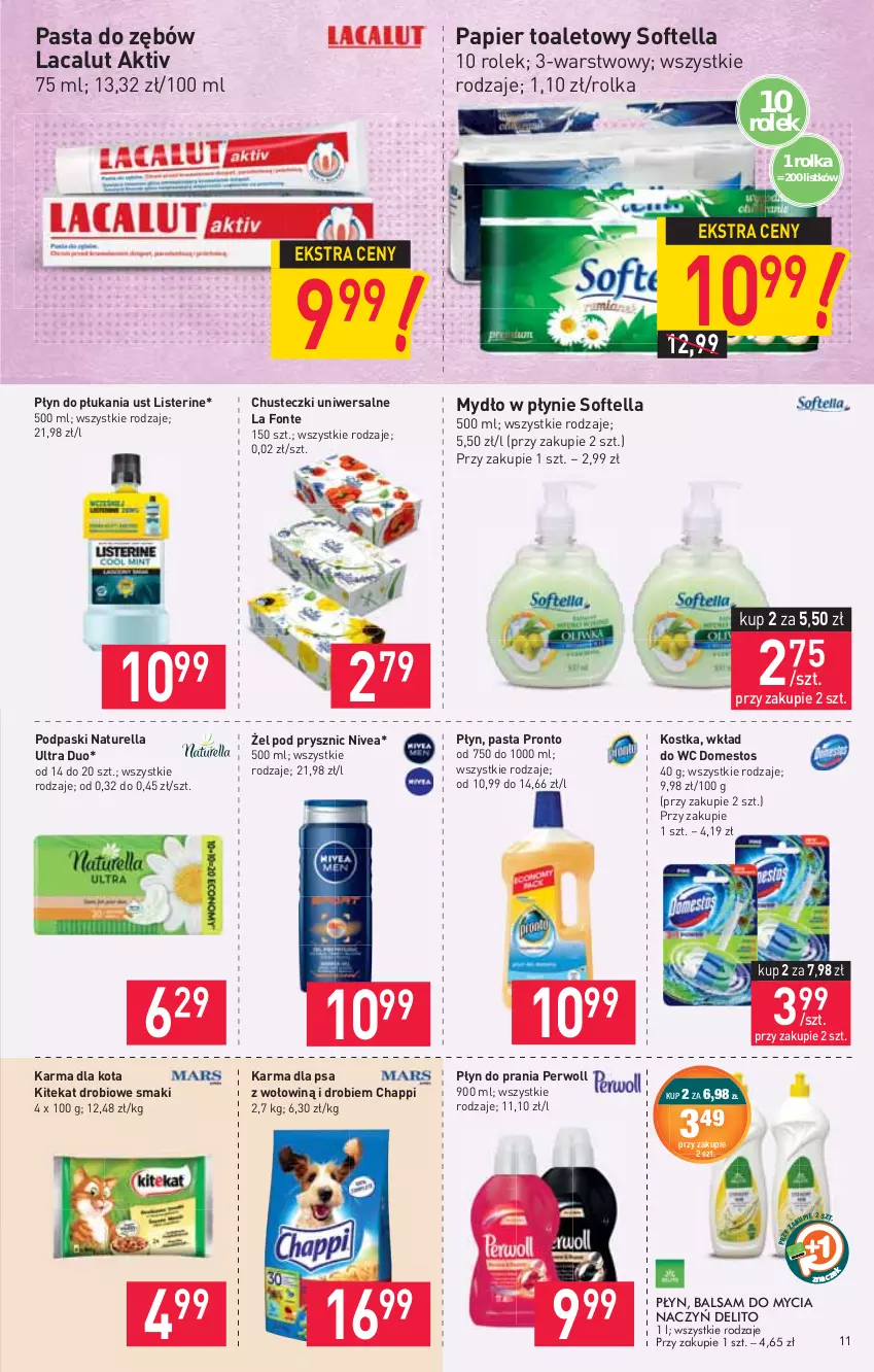 Gazetka promocyjna Stokrotka - Market - ważna 29.04 do 05.05.2021 - strona 11 - produkty: Chappi, Chusteczki, Domestos, KiteKat, Lacalut, Listerine, Mydło, Mydło w płynie, Naturell, Naturella, Nivea, Papier, Papier toaletowy, Pasta do zębów, Perwoll, Płyn do płukania, Płyn do prania, Podpaski, Pronto