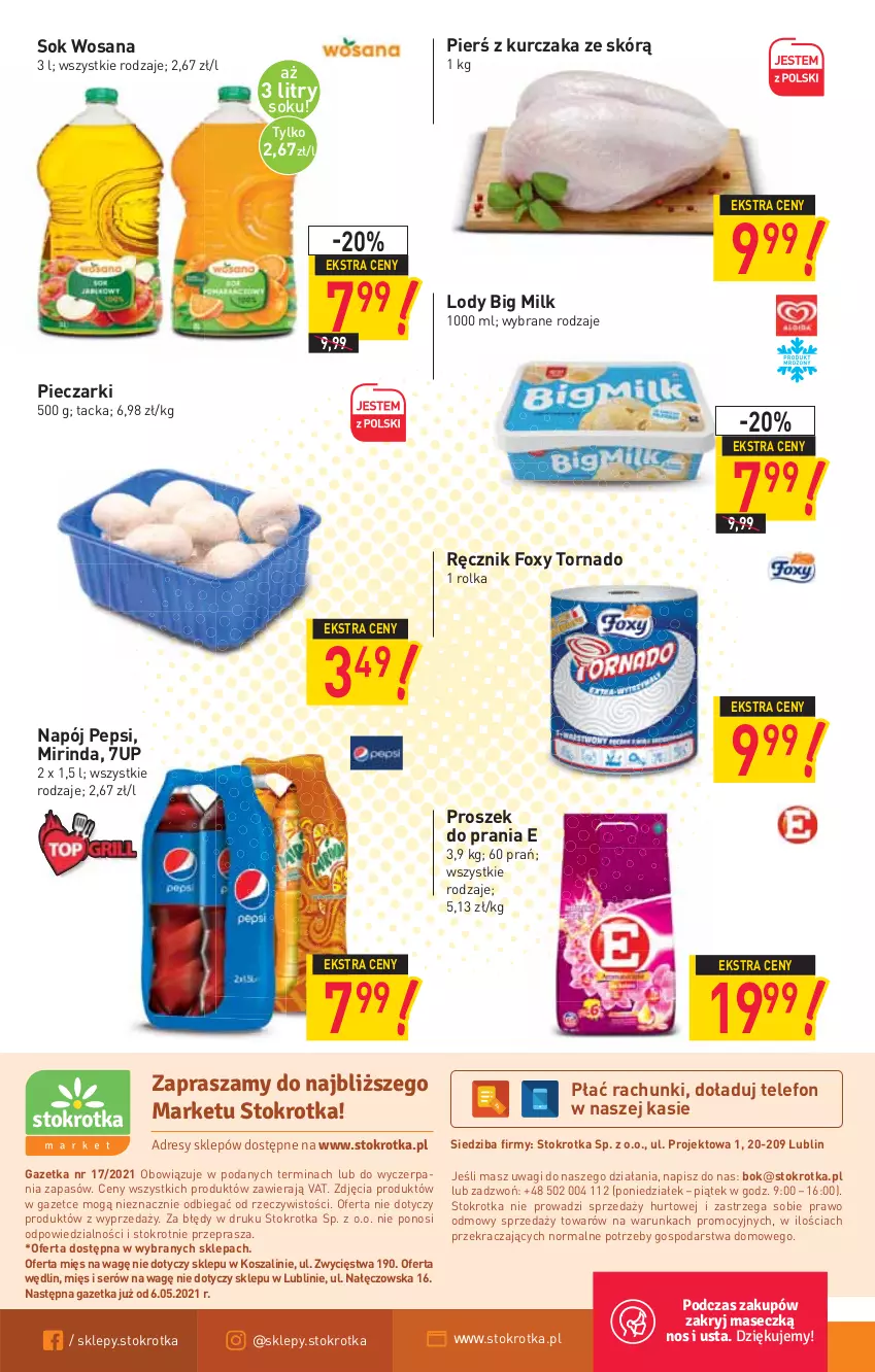 Gazetka promocyjna Stokrotka - Market - ważna 29.04 do 05.05.2021 - strona 12 - produkty: 7up, Big Milk, Foxy, Kosz, Kurczak, Lody, Mirinda, Napój, O nas, Pepsi, Piec, Proszek do prania, Ręcznik, Ser, Sok, Szal, Telefon, Wagi, Wosana